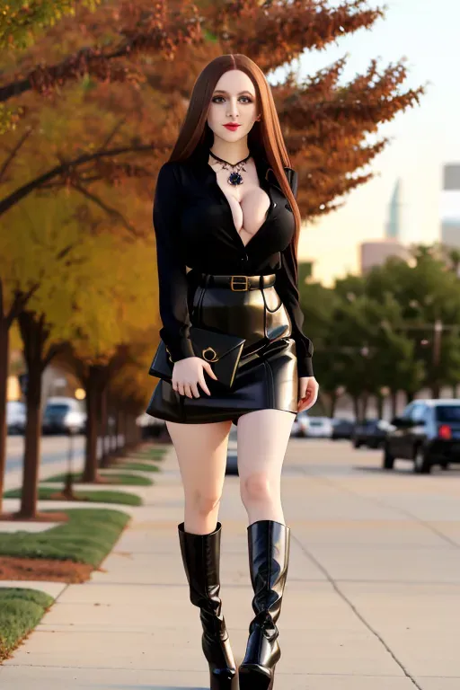full body, chestnut hair, green eyes, short girl, black miniskirt, black high heel boots, looking at viewer, long hair, pale skin, black necklace, black blouse, 24 years old, giant breasts, cute face, pov, wavy hair, city environment, Oklahoma City