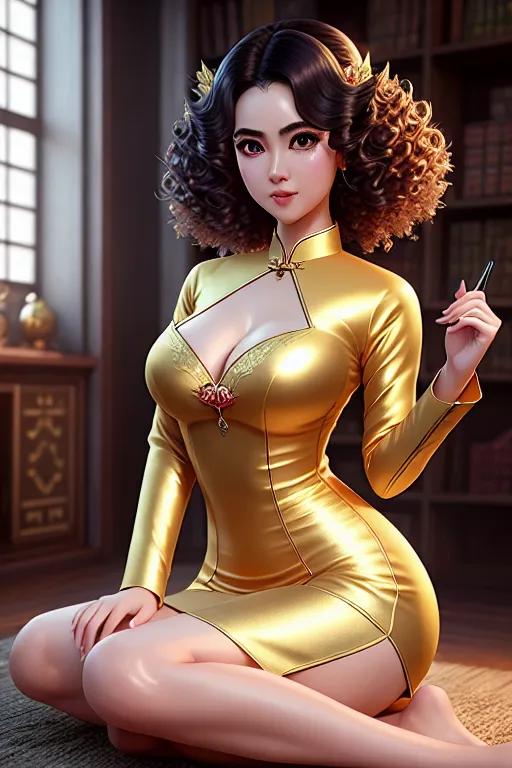 a digital art of,a fairy,wearing ao dai,kneeing,indoor,amazing breasts,five fingers per hand,curly hair,charming face,beautiful lips,detailed large eyes,curved eyebrows,smooth skin,satisfaction,wearing golden ring,professional,bokeh,smooth,cgsociety,artstation