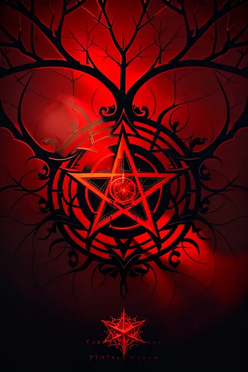 Centrally positioned logo, dominant pentagram symbol glowing in intense red, surrounded by intricate intertwining vines and thorn-covered branches, metallic details catching the light, band name in gothic font with sharp contours, shadows, and glowing effects, ominous background creating an impression of depth and mystique