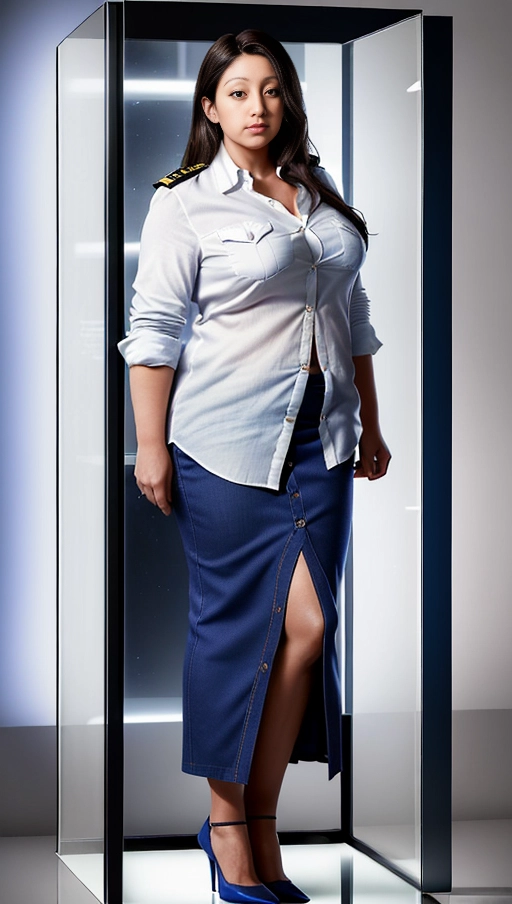 The woman was frozen in time, dressed in uniform with a white button-down shirt that accentuated her large natural breasts, and a wide-hipped blue cloth skirt, along with a pair of high heels. The woman is Latin American. She is inside a glass display case displayed for sale. The stage is a white-walled room illuminated evenly by white lights. ((Despite being overweight, she still looks attractive)). The image should show the broad figure of the woman inside the glass display case. Your facial expression should be neutral, with your eyes fixed on the camera but without emotions.(((full body view, full body photo)))), ((full body view)), ((breasts large natural)), ((overweight)), (((hyperrealistic))),
Masterpiece,
perfect edges,
ultra realistic,
perfect anatomy,
realistic skin texture