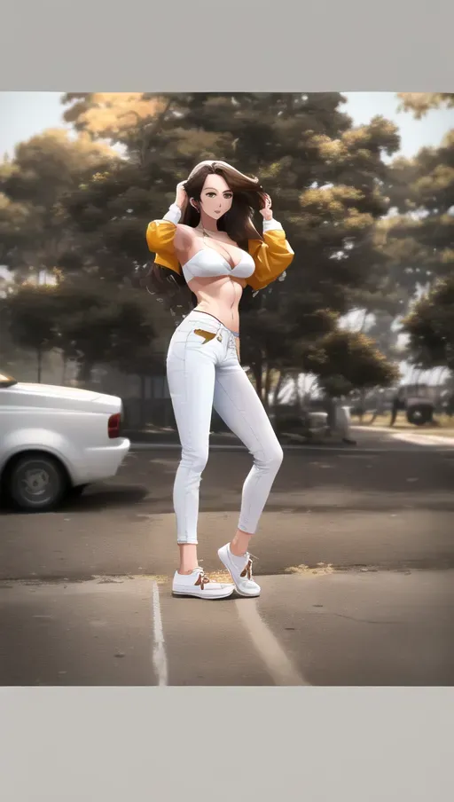 Brown hair, 1 girl, solo, highres,, high quality, no blur, not blurry, detailed, white, stomach exposed, halter top, jeans, very skinny, medium breast, cleavage, clear picture, white vans shoes, stomach tattoo