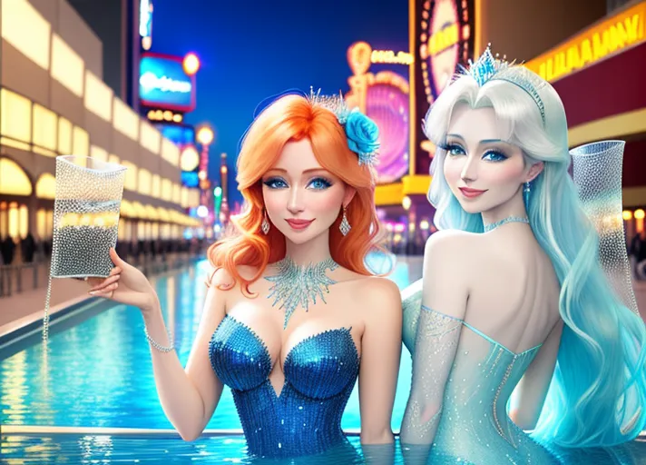 beautiful auburn haired Queen Anna in green and her platinum haired Sister, Elsa, in blue, with their beautiful sapphire eyes, visit dazzling Las Vegas Strip at night. Their warm sweet smiles brightening every day.