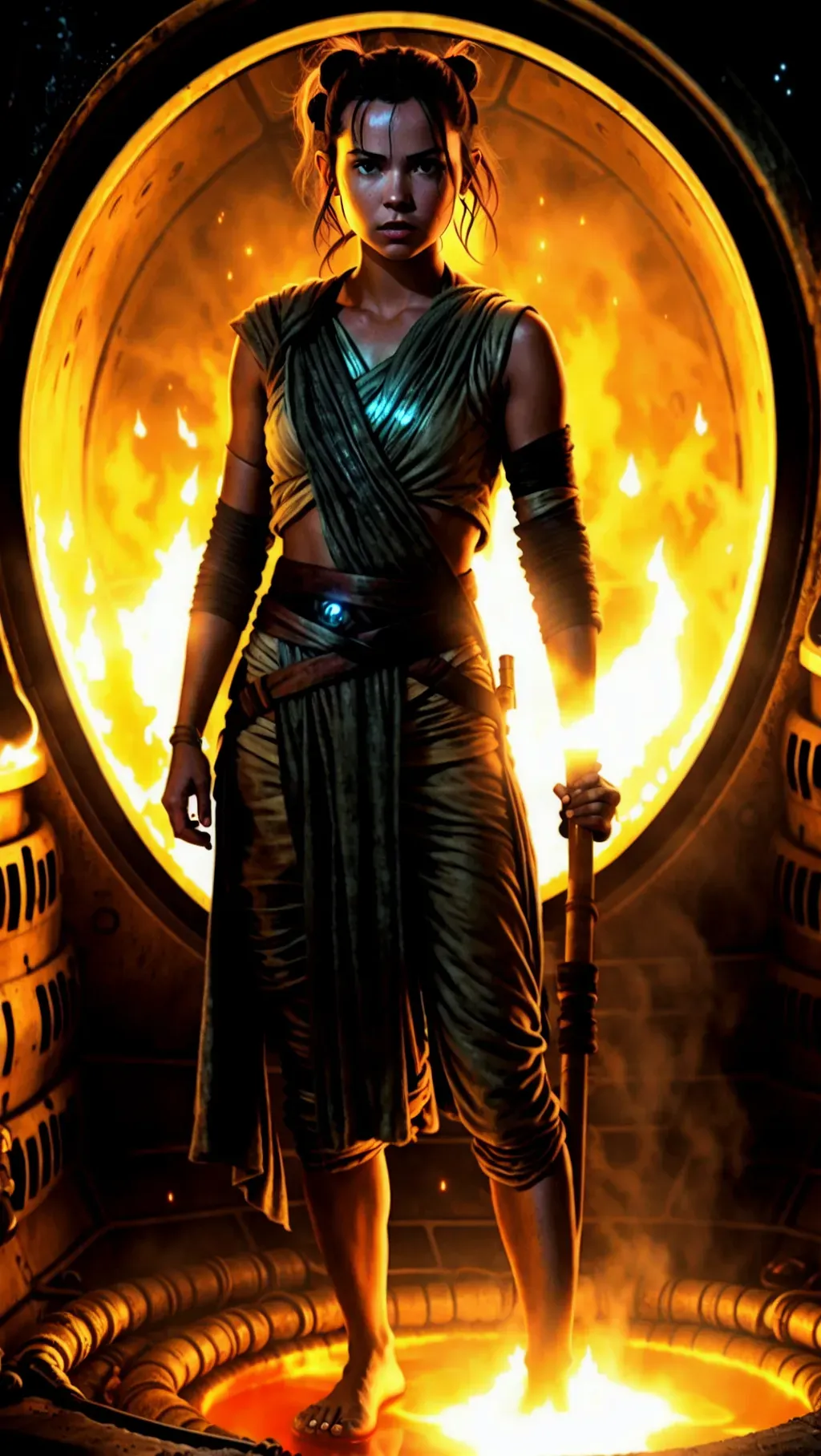 barefoot Rey holding a battlestaff while standing in a vat full of deep glowing toxic radioactive sludge inside a vat filled with glowing toxic radioactive waste inside the Death Star. barefoot. barefoot. barefoot. star wars.