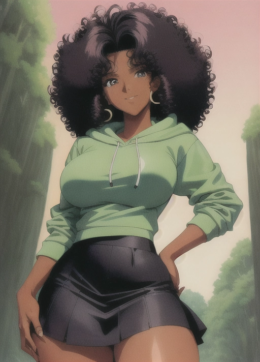 (((90s anime art style))),(masterpiece), absurdres, smooth, soft lines, soft edges, perfect edges, (soft lighting), (soft glow), perfect anatomy, detailed background, hair with great details, perfect eyes, perfect face, (looking at viewer),
lip gloss, smiling, ((flushed cheeks)), erotic, sensual, forest background, hand on hip
((curly black hair)), ((puffy hair)), thick thighs, wide hips, small breasts, ((dark skin)), ((extremely dark skin color)), tall slim athletic build, athletic, hoodie, long skirt,