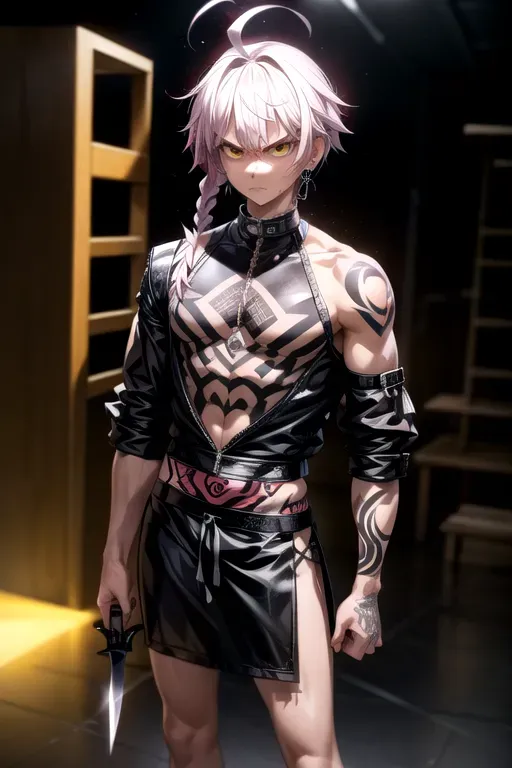 Male delinquent street punk in emo style clothes standing in refinery holding a dagger, looking at viewer, 1boy, braid, (huge ahoge:1.3), angry, closed mouth, frown, standing, torn clothes, piercings, jewelry, tattoos, finely detailed background, amazingly intricate background, incredibly absurdres, best quality, <lora:dpmg_middle_finger:1>, <lora:dpmg_add_detail:1>, perfect anatomy, perfect body, perfect arms, perfect legs, perfect face, holding a knife in each hand,