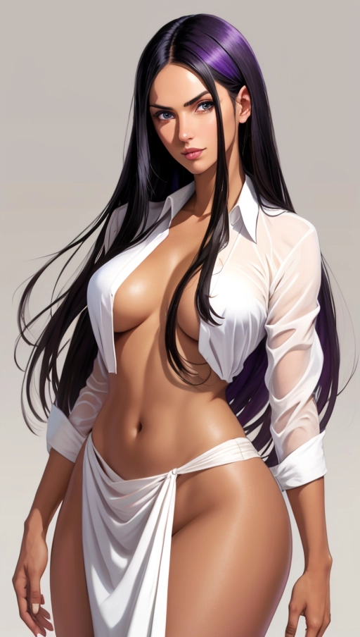 (more_details:1), nico_robin, brown, tanned skin, white formal blouse, long purple sarong, long black hair, fringe hair, blue eyes, round tit, round ,thick thighs, small waist, solo, 1 girl, body perfect, body complete