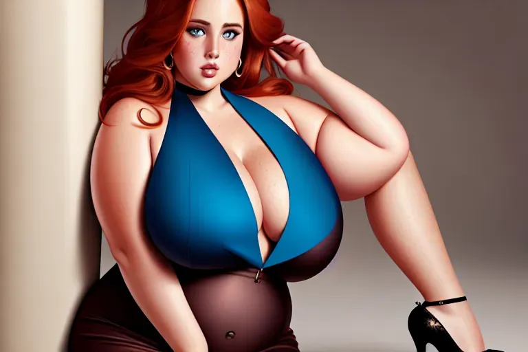 Digital painting of, obese young woman, double chin, obese, fat, xxxl, freckles, auburn hair, blue eyes, curved eye brows, beautiful, chubby cheeks, plump lips, Deep cleavage, seductive, tall high heels
