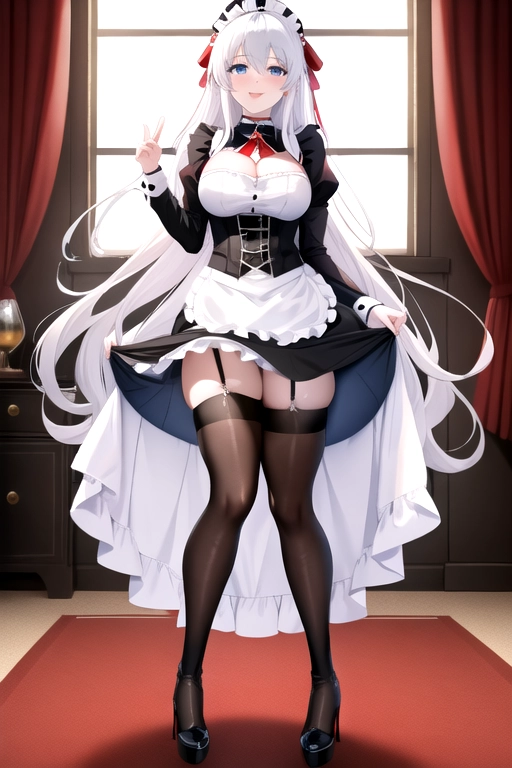 long hair, pale skin, white hair, blue eyes, black choker, giant H-cup breasts, wavy hair, maid uniform, smiling, full body photo, 28 years old, miniskirt, cleavage, high heels, red corset, 8k quality, red thigh high boots, in living room