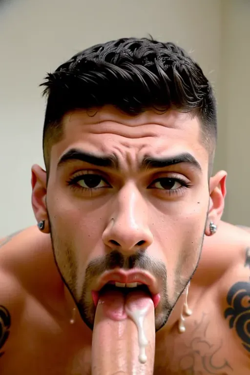 masterpiece realistic, best high quality, blowjob, suck, fully nude zayn malik gagging on erect penis in mouth (((dribbling cum))), cum on face, eyes (bloodshot), cum everywhere, (((cum dripping from mouth and chin)))
