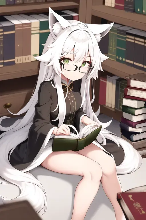 lolo girl, wolf ears, wolf tail, long white hair, green eyes, black dress, sweet face, she studies, eyeglasses, focused, book,
read the book