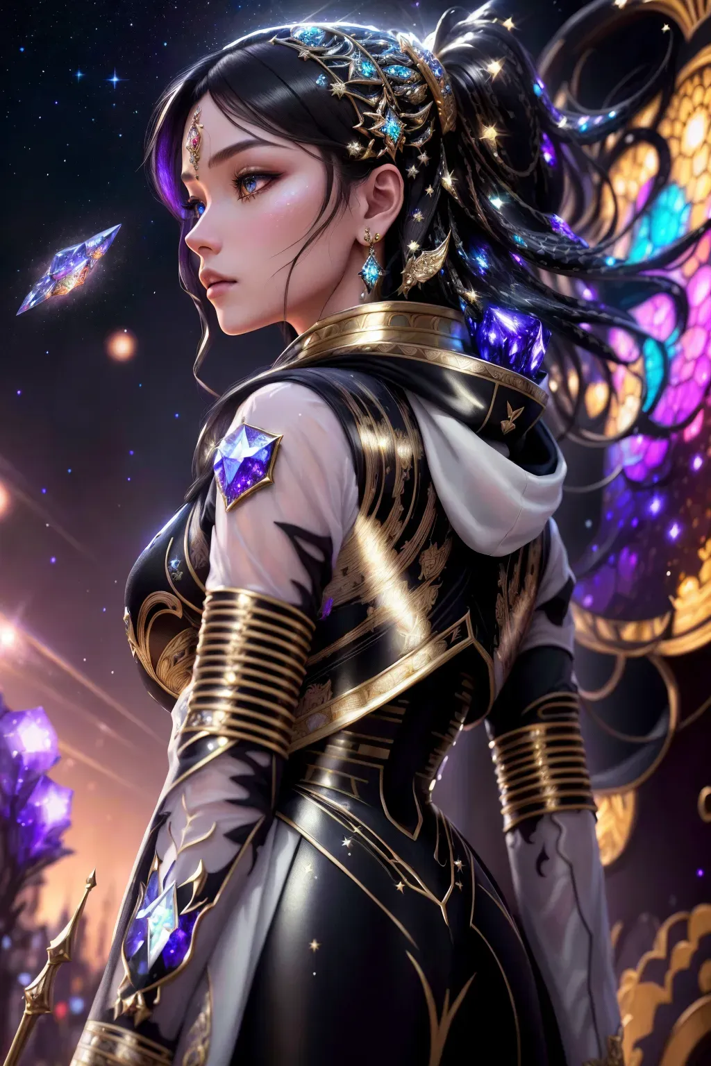 Digital photo, masterpiece, intricate filigree woman standing under bus stop, a photorealistic painting, pexels, conceptual art, stars and galaxies, highly detailed perfect render, light effect, modern fantasy, universe in a grain of sand, photo manipulation, beautiful composition,crystal outline of Divine Bloodlines, fantasy badge, epic noble, 5D, dimension galactic background, photorealistic sprinkled with dropplets of crystal black, snakeskin god insanely detailed and intricate, hypermaximalist, elegant, ornate, hyper realistic, super detailed, 8K --ar 1:3 --niji 5 --style scenic --upanime --q 2 --c 5