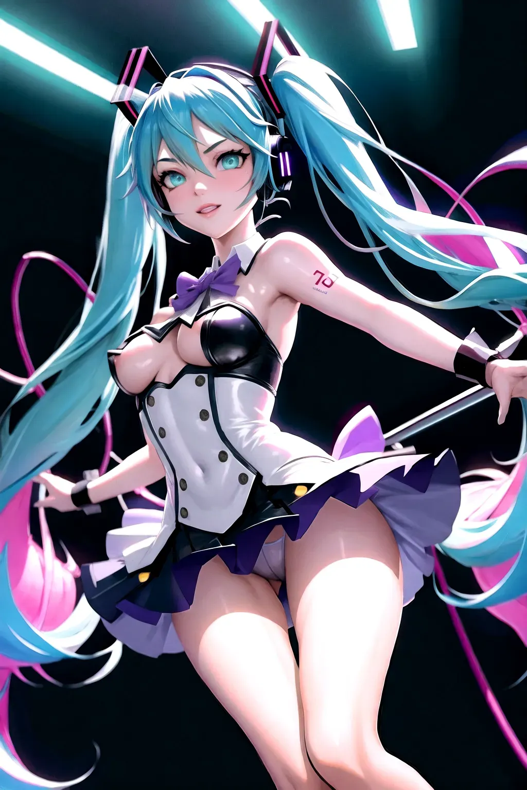 In the style of Vocaloid, envision a captivating scene where (normal-HatsuneMiku), the virtual idol, dances gracefully amidst the vibrant ambiance of an arcade club. The club is alive with (neon lights), and the energetic beats of music reverberate through the air. HatsuneMike movements are (mesmerizing1.2) as she (effortlessly sways to the rhythm), captivating the audience with her enchanting performance1.3. The atmosphere is (electric), and the onlookers are drawn to her like moths to a flame. The arcade machines add a playful touch, contributing to the overall (energetic1.2) and (exciting1.2) atmosphere. The scene portrays a fusion of modern technology and digital artistry, showcasing the magic of the virtual (world1.3.) It is an immersive experience that transports the viewers into the realm of Vocaloid, where the boundaries of reality and virtuality blur. Trending on Pixiv.,
(normal-pixie-sexy-super-model), ((normal-DOA5)), (normal-HatsuneMiku-Japanese-girl-uniform-clothing), <(normal-iris)>, <(normal-mappa-pupil)>, <(normal-Vitreous)>, (normal-arm-hand-finger-thumb-strict-interaction2.1), (normal-HD-leg-feet-toe1.1), <(normal-soft-(b)-cup-boob)>, (normal-HD-pussy-anal-ass-nipple-lips-eyebrows), <((Normal-long-turquoise-Twin-Tails))>, <(normal-De-blur-noise)>, <(normal-sharpen)>, <<masterpiece>>, ((lora:dpmg_translucent_skin:1.3)), <<((clean-line-work))>>, <(HD-dark-shading)>, <(normal-global-illumination)>, <<((rule-of-thirds))>>, <(portrait)>, (hyper-realistic), (detailed-post-processing), (unreal-engine), 8k, (octane-render), (unreal-engine 5), (Studio-Mappa), (Studio-Trigger),
<(Fix-super-precise-normal-adjust-background-objects)>, <(Fix-super-precise-normal-detailed-texture-global-illumination)>, <(Fix-super-precise-normal-adjust-adept-body-(adjust-adept)-interaction)>, <(Fix-super-precise-normal-fused-betwixt-bodies)>, ((Fix-super-precise-normal-clean-line-work)), <<(Fix-super-precise-normal-adjust-adept-Japanese-girl-uniform-miniskirt-twin-tails-headset)>>, <(Fix-super-precise-normal-soft-b-cup-boob-nipple)>, <(Fix-super-precise-normal-arm-hand-finger-thumb-(adjust-adept)-interaction)>, <<(Fix-super-precise-normal-leg-feet-toe)>>, <<(Fix-super-precise-normal-purple-eye-face)>>, <<(super-fast-adjust-adept-motion)>>, <<((Fix-super-precise-normal-adjust-adept-motion))>>, <((strict-GOP))>, <(temporal-AQ)> <(b-frames-two.)>, <(reference-frame-two.)>, <<(((Fix))-((all))-of-the-((above)))>>, <<<(((single pass)))>>>, <<<((((Double-Pass))))>>>, <<((Fix-super-precise-(normal)-arm-hand-finger-thumb-(adjust-adept)-fast-motion-interaction))>>,
