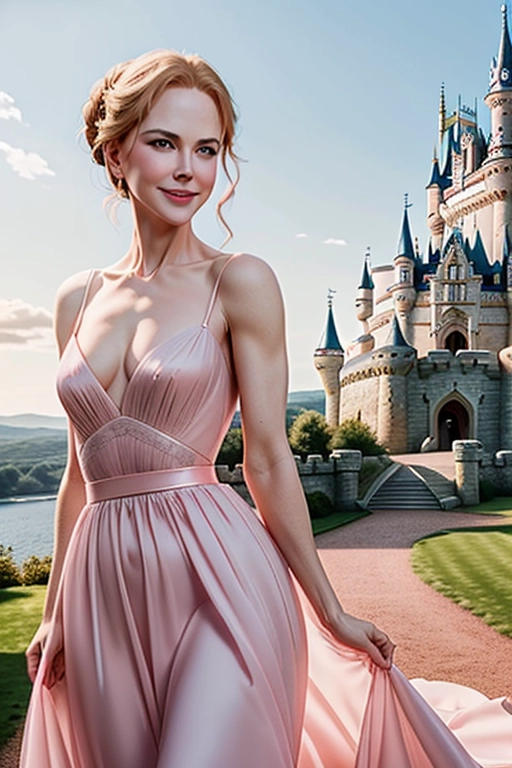 Nicole Kidman face, hair up in a bun, wide blue eyes, soft cheeks, full lips, happy smile, curvy, small breasts, thin waist, , half naked, pink dress, wind blowing dress, fairytale castle background, high definition, excellent lighting, 8k quality, turn face towards camera