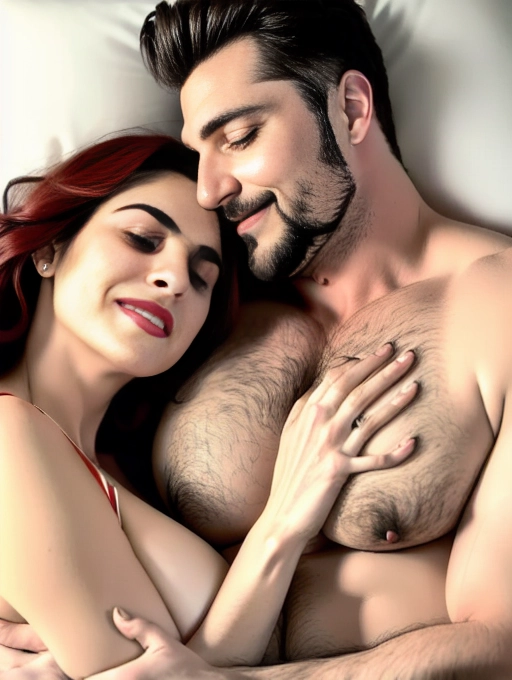 wpega,<lora:sleep_hug:1>,Woman and man sleeping embraced,large breasts,sleeping, smile ,(looking at another),hug,bed,breast sucking ,open clothes ,lingerie