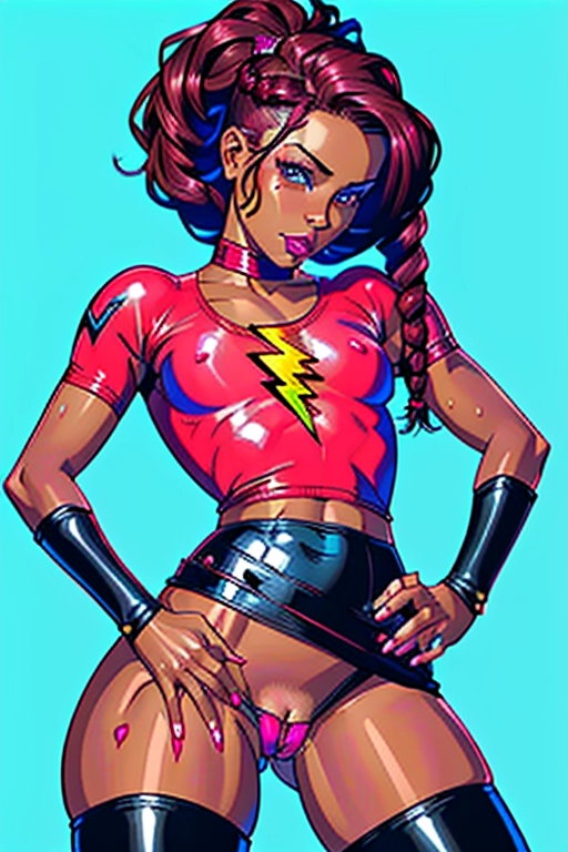 Superhero, sweet, submissive, cute, seducing me, brown skin, mixed race, short braided brunette hair, Harley Dean, small perky breasts, pink and black one piece skirt uniform, lightning emblem on chest, some tummy, full thighs, thick ass, naked, spread ass, throbbing anus, aroused wet vagina, aroused clit, thigh high boots, I have defeated her, now she is humiliated, she is stripping and taking off her clothes in humiliation, she is defeated, she is submitting sexually to me, she is in a submissive sex position, ((high definition)), ((4k quality)), ((excellent lighting)), ((great shading)), ((pristine detail)), ((really clear picture)), ((beautiful vibrant colors)), ((accurate at lower prompt guidence)), ((ultra realistic)), (((five fingers per hand))), (((two arms per person))), (((two legs per person)))
