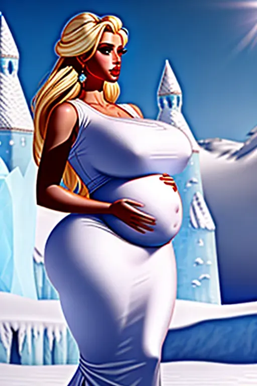 A portrait of, Anna and Elsa, standing, in front of an ice castle, pregnant, highly detailed, enormously pregnant, large belly, front view, tight dress, accurate face, large breasts, four slender fingers, gorgeous face, beautiful red lips, smooth skin, detailed large eyes, pregnant, curved eyebrows, eyeliner, cinematic lighting, unreal engine, bokeh,