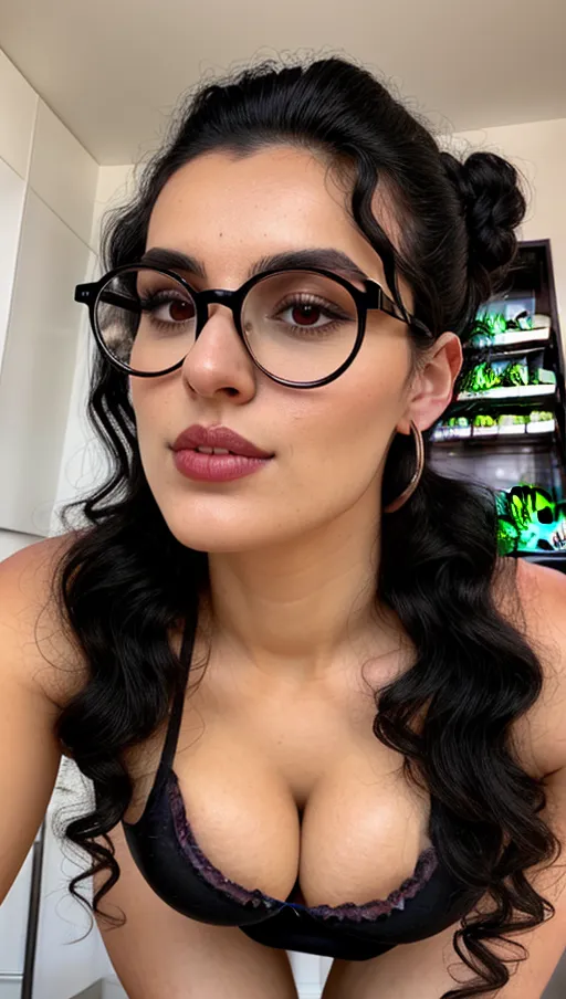 18 years old bakery shop lady, black curly hair in a bun, full lips, black metal frame round gasses on peak of nose, beautiful dark shining eyes, defined cheeks, defined jaw, small, (thin chest), shy smile, nice teeth, high front angle camera view, on all fours, flour, (((beautiful B-Cup breasts))), open mouth, looking into camera