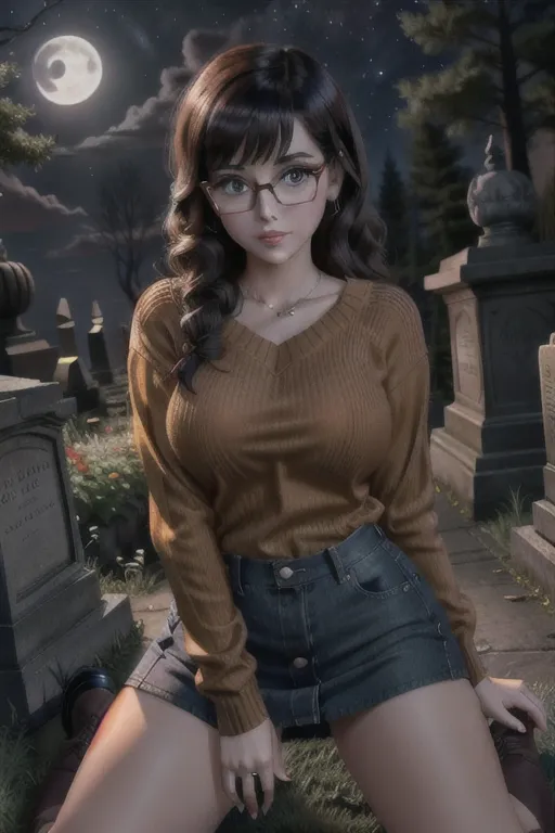 Photo of velma from scooby doo, young woman, wearing an orange sweater, wearing black rimmed glasses, wearing a plaid miniskirt, wearing knee high socks, looking at away from Camera, beautiful face, beautiful eyes, small pupils, short brown hair, big plump breasts, ((lifting up her shirt to expose breasts)), in dark cemetery, at night, full moon, volumetric lighting, focused, crawling on all-fours, upskirt, fingering pussy, erotic <lora:dpmg_scared_expression:0.5>