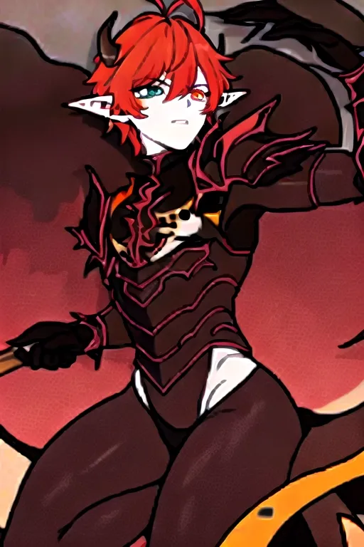 (masterpiece:1.2), (best quality), (ultra detailed), (8k, 4k, intricate),(full-body-shot:1), (highly detailed:1.2),(detailed face:1.2), (detailed background),detailed landscape, (dynamic pose:1.2), best quality, masterpiece, solo, solo guy male tiefling, golden brown
orange hair, golden brown color hair, curled horns devil, hell armor, holding battleaxe, androgynous haircut, imp demon , dark paladin, battle axe wielder, warrior, warrior of hell, demon tiefling, hell red power, curled horns, illrigger, armored, 1 male tiefling only, demon, flat chest, posh , leather armor, well groomed, elf ears , jackal imp creature , horns, armored jacket, solo, sharp jagged tail, humanoid, heterochromia, green eye, red eye, determined look in eyes, masterpiece, colorful shirt, short length hairstyle single strand of hair curls on top of head, antenna hairstyle imp demon, ,cute look in eyes, imp demon ,red horns, heterochromia, masterpiece anime style