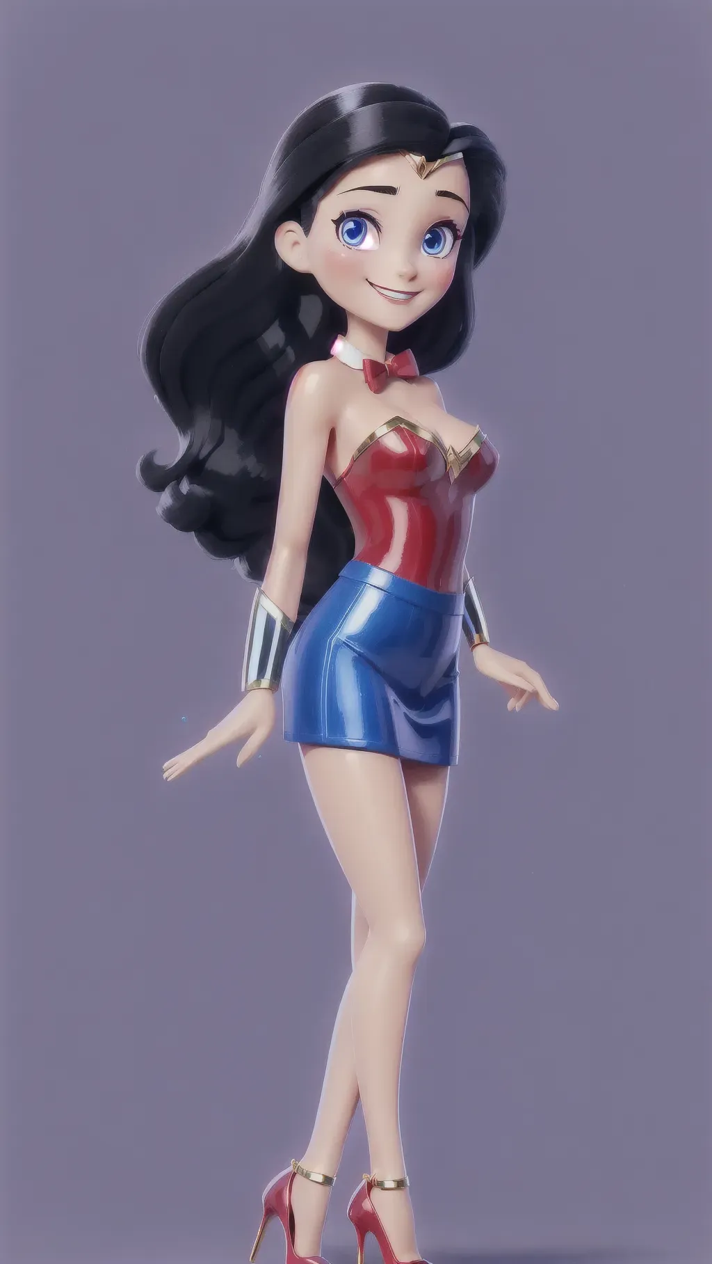 digital art of Lynda Carter drawn as Wonder Woman, she has a bow tie in her long black hair, with elegant long legs, mini skirt, stiletto heels, and happy smile, she has soft lips and detailed sparkling blue eyes, intricate hands, the background setting is night time moonlight, detailed hands