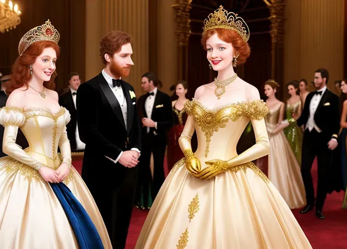 amidst the revelry of a grand late eighteen hundreds masquerade ball, where everyone is wearing ornate masks, a clumsy servant trips spilling red wine on beautiful, auburn haired, round wide blue eyes Queen Anna of Arendelle wearing a satin, pearl and gold mask, and a pristine white heirloom ball gown. An opportunistic Marquies De Sade looking on. photorealistic. High resolution