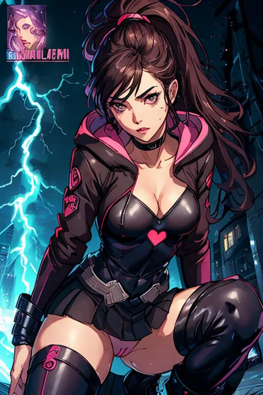 A cute and beautiful super hero, super hero, super powers, half naked, hood over head, medium brunette hair, Alexandria Ocasio-Cortez, fit figure, small breasts, thin waist, thicc ass, full thighs, heart shaped emblem on chest, very revealing black and pink onesie uniform with skirt, knee length boots, naked under skirt, utility belt with gadgets, aroused clit, arpused wet pussy, throbbing anus, flying over me, streching her hand out to me to save me, wants me to fuck her, submissive, sweet, helpful, stormy night, lightning, high definition, 4k quality, excellent lighting, great shading, pristine detail, very clear picture, accurate at lower promp guidence, ultra realistic, five fingers per hand, POV- you are on the ground looking up at her.