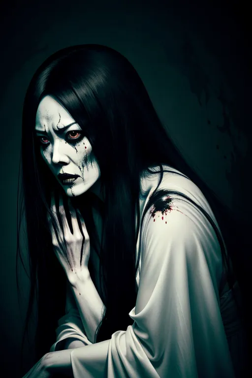 Sadako is a haunting and supernatural character with a distinct appearance that invokes fear and unease, She has long, jet-black hair that hangs down over her face in a tangled and unkempt manner, obscuring most of her facial features, Her hair should be portrayed as both long and disheveled, almost as if its floating around her, Her skin is deathly pale, giving her an otherworldly and ghostly presence, She typically wears a white, tattered, and blood stained dress that is torn and in disrepair, Her eyes are dark and piercing, with an intense and malevolent gaze, naked, scary, horror, halloween, ghost, dark room, chilling atmosphere, angry face