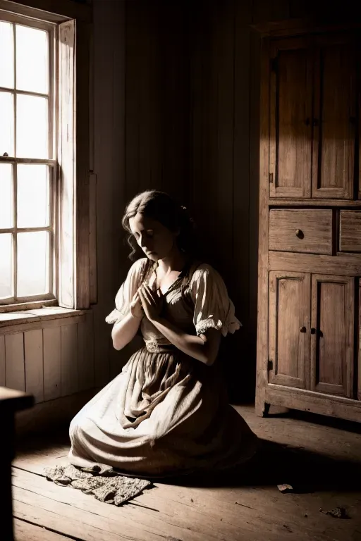 Cinderella in her rags, in the run-down farmhouse, kneeling on the ground, sullen surroundings, broken furniture