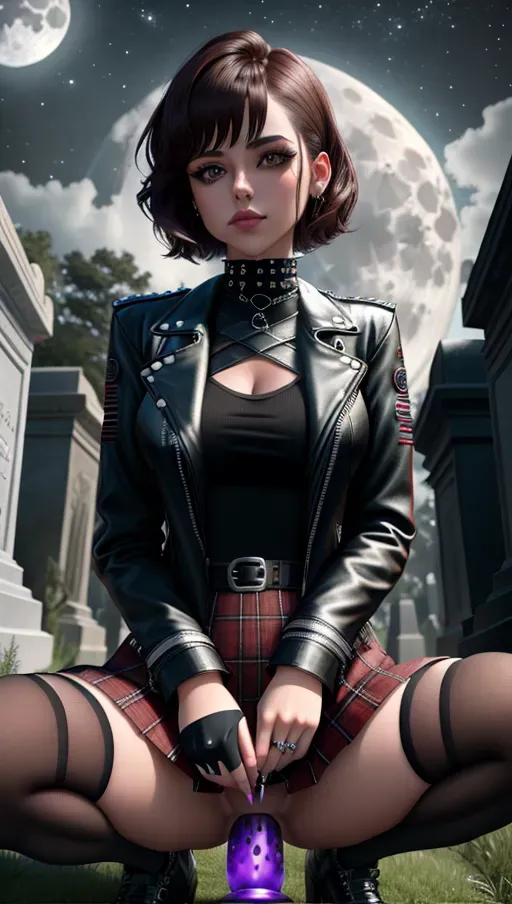 8k, up-skirt, Digital Photo from below of a goth girl, (having sex with viewer:1.0), (silver clit_piercing:1.1), wearing an leather jacket, wearing a plaid miniskirt, wearing knee high socks, (exposed vagina), looking away from Camera, beautiful face, beautiful eyes, short brown hair, in dark cemetery, at night, full moon, volumetric lighting, focused, squatting, masturbation, erotic, <lora:dpmg_riding_dildo:1.1>