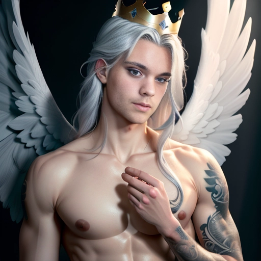a 8k high detail photo full portrait shot, Male, five slender fingers ,silky hair, Handsome face ,beautiful lips, blue eyes,curved eyebrows,curved eyelid,pale skin,satisfaction,tattoo,ultra realistic,smooth,8k,studio lighting,surreal, Angel Wings, Angelic Lighting, Love, Hope, Magic casting, Crown, Smiling, King, happy,