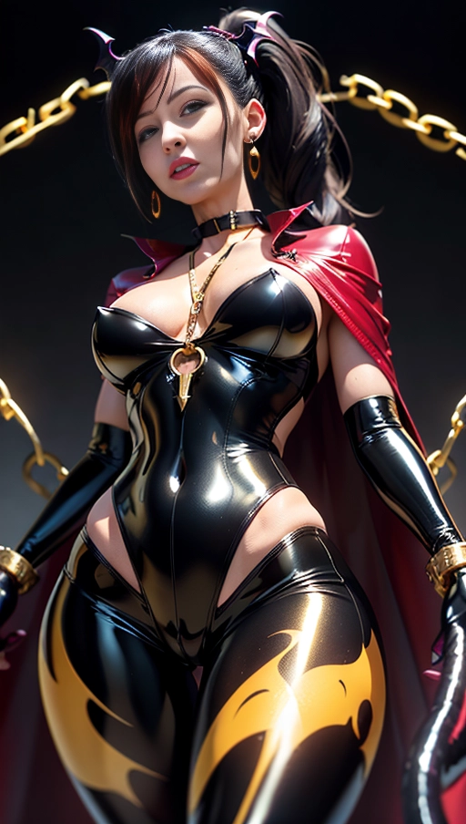 best quality, (((ultra high res))), (detailed face and eyes), (succubus), hearts, perfect face, necklace, choker, golden earrings, jewelry, tail, gloves, snake, gold, (single ponytail), Victoria Justice, black hair, long ponytail, hourglass body, snake coiling, pov from below, ((golden latex)), golden snake, ((handcuffs)), handcuffed, ((((chained)))), (tied up), chains, chain, (((golden symbiote suit))), ((((symbiote girl)))), (((succubus symbiote))), ((burgundy cape)), (((succubus wings)))