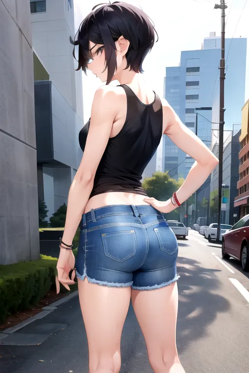 Petite stature, Flat-chested, Attractive, Nice ass, Short hair, possibly a pixie cut or a short, practical hairstyle, Dressed in a tomboyish style, featuring clothing like fitted high-rise jeans, a form-fitting, sleeveless tank top, a stylish bomber jacket, and comfortable sneakers, sporty, adventurous, and prefers casual and practical activities, sporty, adventurous, and prefers casual and practical activities, Likely to have a more androgynous appearance,