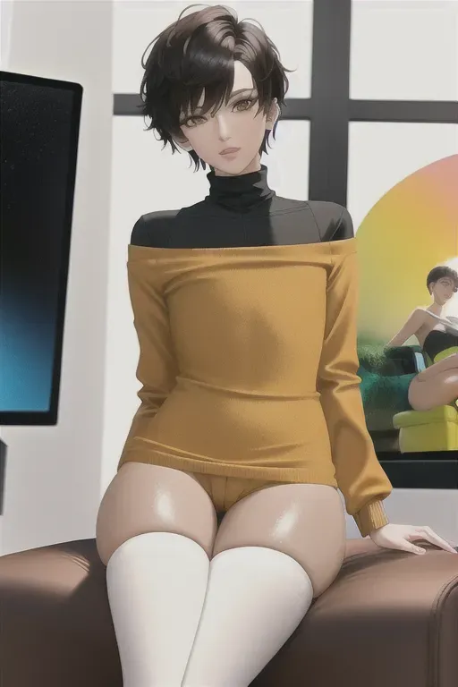 Digital art,Great quality, Master piece,Tall adult,Tan Skin,Flat chest, Best Quality, Dark haired tan Colombian Femboy,Short Soft hair With Middle Parte Haircut,Cute face,long sexy feminine legs,Big dick,Dick showing,Colorful stripped Thigh highs,Wearing long Comfy cute thick Turtleneck sweater,sitting on chair, playing video games, <lora:dpmg_middle_finger:1>, <lora:dpmg_pantpulldown:1>