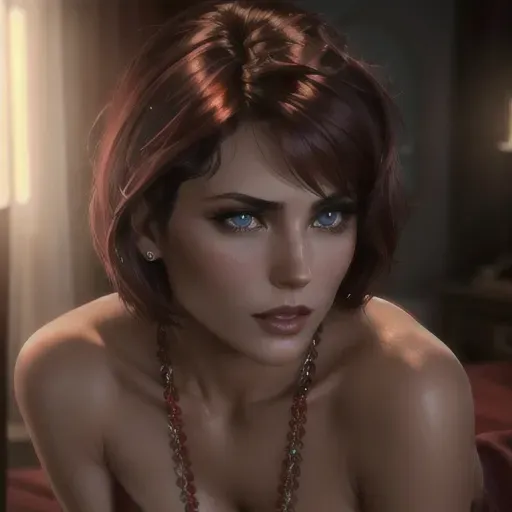pornstar Vicca has short straight hair that is dark red, very intense and beautful eyes, high cheekbones in a very beautiful face, small beautiful breasts with very erect nipples
ultra realistic graphics, High definition, excellent lighting, best quality, high resolution, photorealistic, masterpiece, ultra realistic graphics, 16k, improved graphics