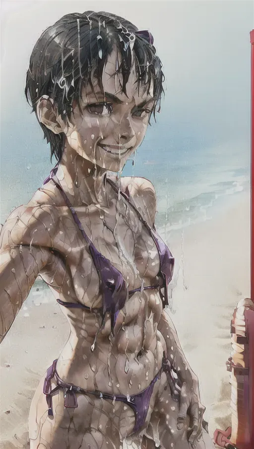 athletic, female, naked, abs, beach, sun, (sweating), blanket, medium breasts, grin, mocking, happy, tired, aviators, (oiled skin), high cheekbones, french, (short hair), (wet skin), cum on face, (best quality), (thick body), closeup, (selfie), (pale skin), bikini, (cum in mouth), <lora:dpmg_wet_hair:1>