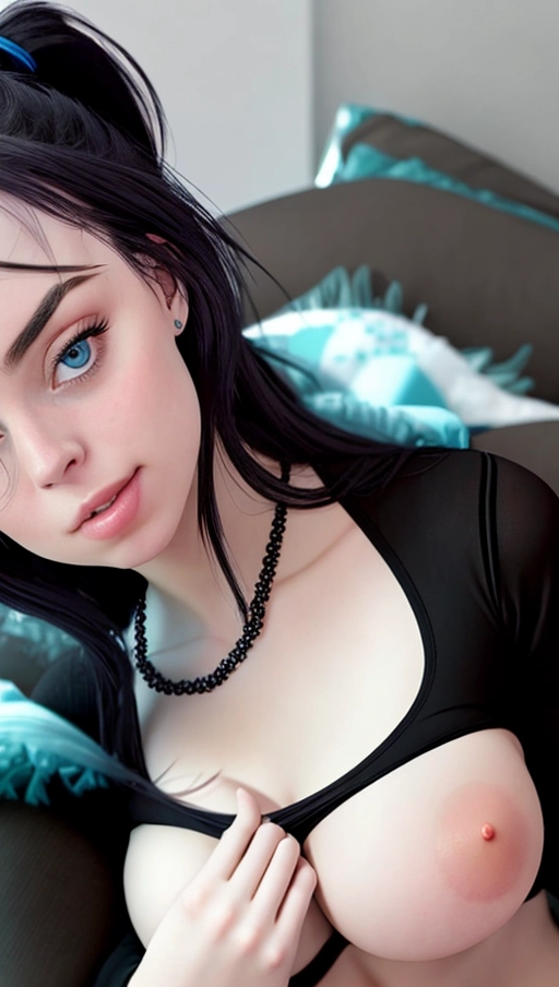 an ultra realistic photograph of,billie eilish,(wearing black panties),(wearing black stockings),sitting,in living room,amazing breasts,big breasts,showing cleavage,five slender fingers,ponytail,gorgeous face,beautiful lips,blue eyes,curved eyebrows,curved eyelid,wearing necklace,wearing earrings,highly detailed,bokeh,cgsociety,sharp focus,artstation,film style,happy,joyful,smiling,wavy hair,looking at camera,((accurate face)),((accurate face)),((hands behind her head))