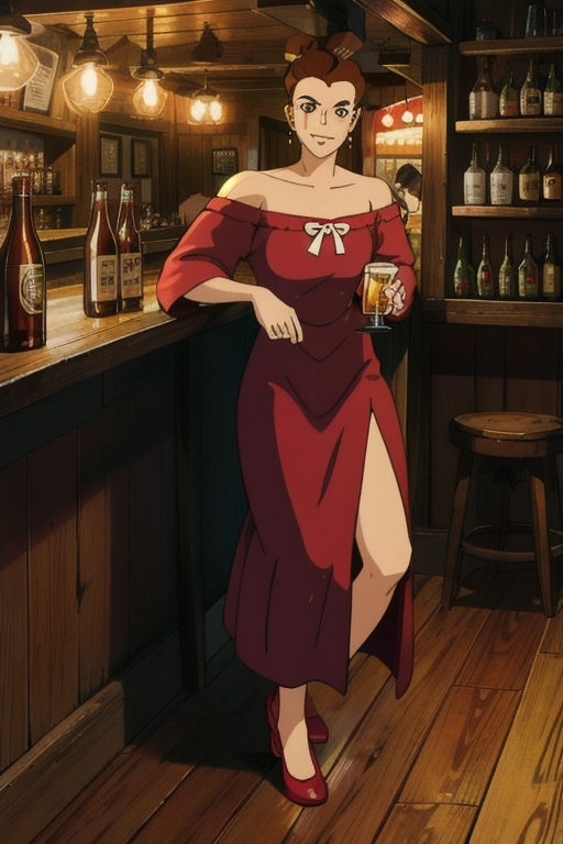 ((handsome young man)), ((broad shoulders)), standing at the bar, ((wide toothy grin)), eyes closed, holding a beer bottle, (((wearing an off shoulder red dress))), (((long wavy brown hair in bun))), (((clean shaved face))), ((earrings)), ((big eyelashes)), (lipstick), sexy, cozy, dark, warm, Ghibli style, close up, from above, (beer bottles), old pub, rustic, cottagecore, clear shapes, consistent colors,
<lora:dpmg_ghibli_style:1>