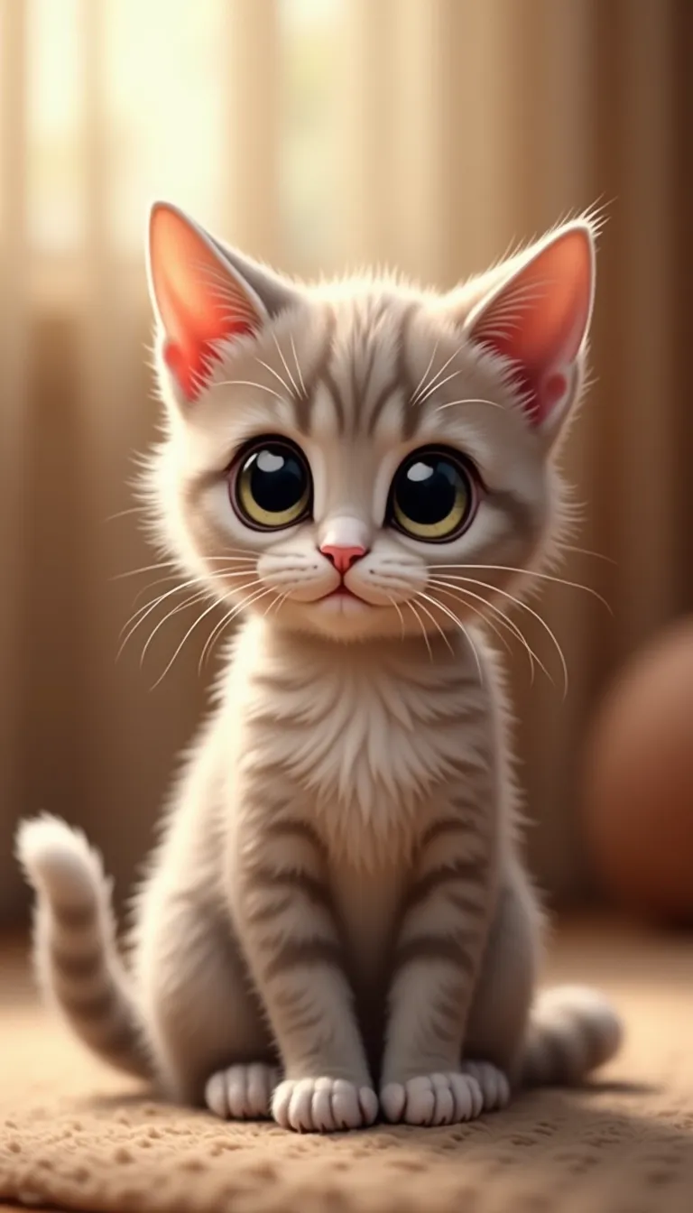 A cute cat sitting gracefully, with big expressive eyes and a fluffy tail curled around its paws. The background is softly blurred, featuring a cozy indoor setting with warm lighting. The cat has a playful expression, with its ears perked up and a slight tilt to its head. The fur is detailed, showing subtle variations in color and texture. The composition follows a 9:16 aspect ratio, perfect for a portrait-oriented image, with the cat centered to draw focus. The style is realistic with a touch of whimsy, enhancing the cat's adorable features.
