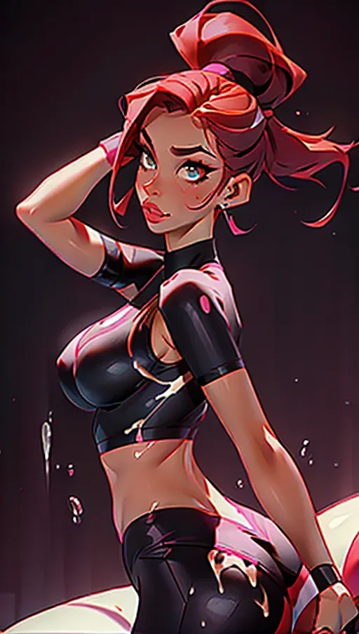 Bubble butt gym bunny, black yoga clothes, yoga mat, living room, red hair, medium breast, thin waist, dpmg_awaitingtongue_v1, dpmg_face_cum_v1, (((a lot of cum on face)))