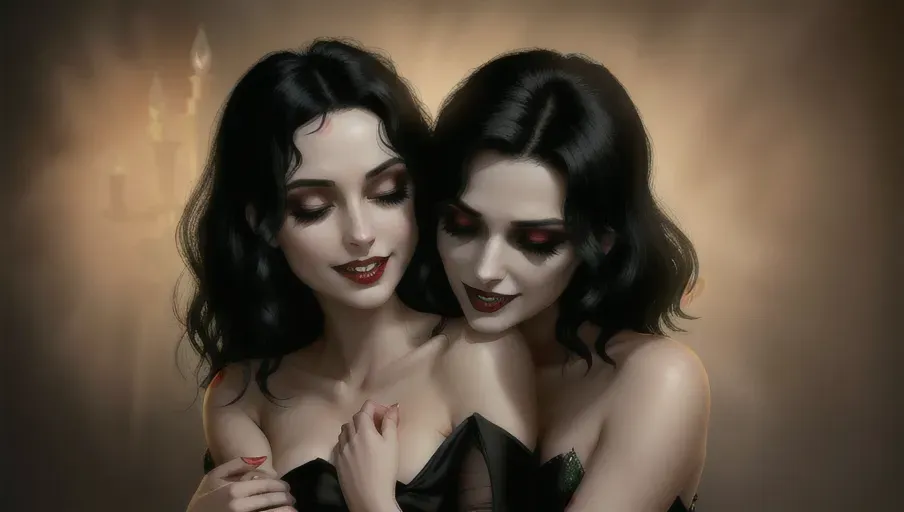 two figures in a dark and foggy goth club. An evil sexy sensual slightly taller dominant female black straight haired vampire with a wide toothy predatory smile, taking her human victim in her arms caressing sexually arching over as she bites the neck of her victim
fearful and seeking to escape, Innocent, good girl with light reddish-auburn gentle wavy hair, light make-up, good girl mid-twenties Anna of Arendelle, entranced lips agape in horror, eyes half closed in a modest elegant soft green Nordic ballgown.
photorealistic. High resolution