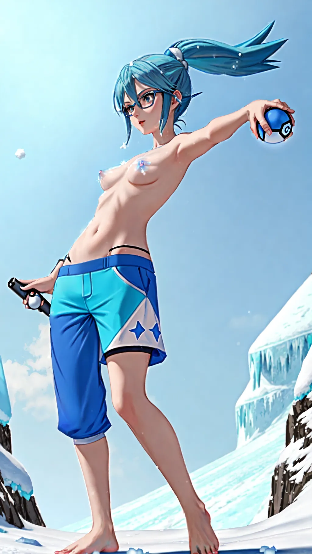 medium shot, full-body image of a cute slender topless barefoot female Pokemon trainer Lorelei with blue hair and blue nipples wearing capris and a tight black sleeveless shirt with glasses holding a Pokeball while doing battle with her Pokemon in an arctic-themed stadium, (sexy feet: 1.2), (topless: 1.3), (barefoot: 1.2), (Lorelei: 1.2), (Pokemon trainer: 1.1), (capris: 1.2), (holding Pokeball: 1.1), (wearing fingerless gloves: 1), (snow-covered mountaintop: 1.2), (ice nipples: 1.2), (ice nipples: 1.2), (ice nipples: 1.2), (ice nipples: 1.2), (ice nipples: 1.2), (ice nipples: 1.2), (ice nipples: 1.2), (ice nipples: 1.2),
