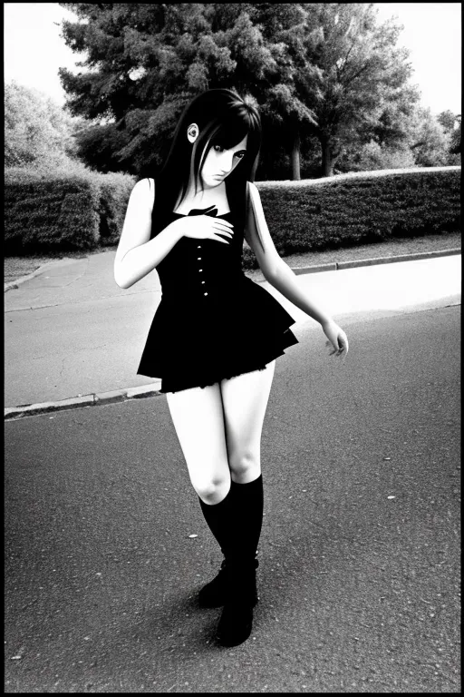 Emo girls full body inflation, photograph, black and white goth clothes, Pool, Daytime, Natural Light, Scared, Age 20