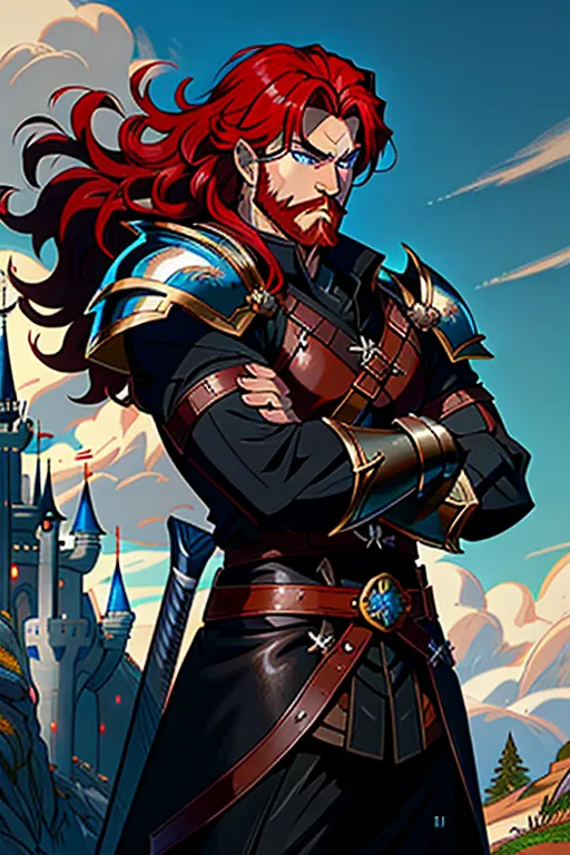 Disney animation, High fantasy, a strong, warrior human, stripping for his princess, wavy red hair, pale skin, angry eyebrows, handsome blue eyes, small nose, strong cheeks, full beard, strong chin, animal skin coat, black leather armor, huge two-handed greatsword, going into battle, battle field, war in the background, castle and dragon in the far background, high definition, 4k quality, excellent lighting, great shading, pristine detail, very clear picture, vibrant colors, accurate at lower promp guidence, ultra realistic, five fingers per hand.