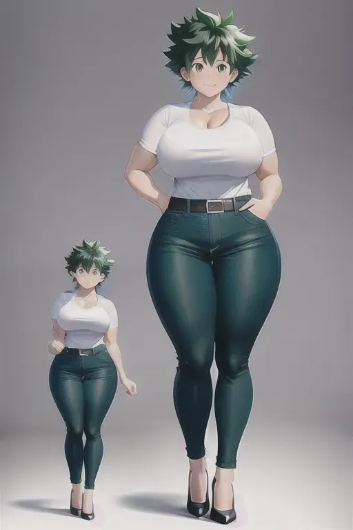 a realistic concept art of, izuku midoriya, super thick thighs, female