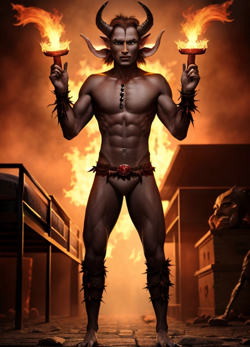 high resolution, full body shot, Head to toes, handsome, elf like face, red skin, tiny horns, standing up straight, a red skinned elf type creature, diminutive, three and half feet tall, pointy ears, skinny, but semi muscular, claws on hands and feet, he has one hand palm up with a fireball in it. he is inside a dark dorm room, large penis is covered by a loin cloth, , penis dangling down, humanoid face, spindly body, small horns, handsome face, long tongue, human teeth, white irises, black pupils