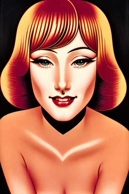 ((((Erotic art Art Deco full color lithograph illustration)))), extreme closeup pov lower lip, gorgeous young nude redhead woman, completely naked, beautiful face, (sexually aroused smile), ((alluring smile)), (((seductive expression))),((((flirting)))), beautiful eyes, ((((looking at me)))),(((looking into my eyes))),((looking at viewer)),