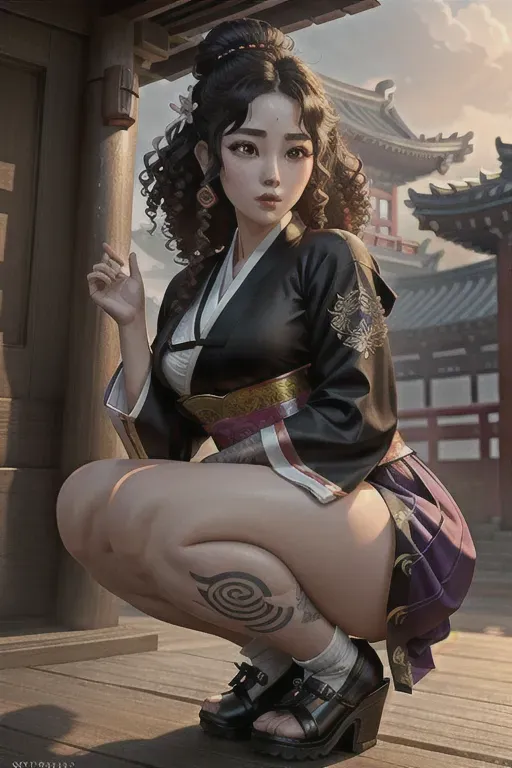 a photograph of,a maiden,wearing hanbok,squatting,in a temple,big breasts,five fingers per hand,curly hair,charming face,beautiful lips,brown eyes,curved eyebrows,curved eyelid,pale skin,satisfaction,tattoo,cgsociety,cinematic lighting,smooth,surreal,unreal engine