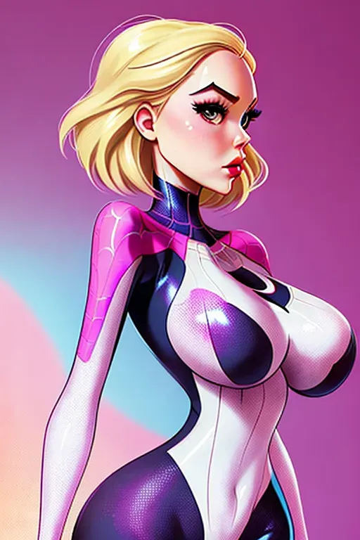 Spider-Gwen aroused facial expression, petite cute blonde hair with short boy hairstyle. perfect round breast, hourglass figure, spidergwen costume, sexy woman