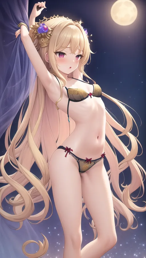 masterpiece, best quality, (small breasts), detailed moonlit background, beautiful goddess dancing, ((traditional lingerie)), long golden hair, detailed pussy, graceful expression