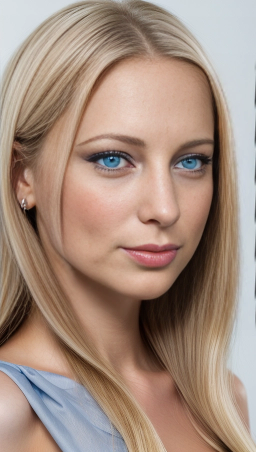 A close up high resolution picture of a beautiful Polish American woman, blonde hair, thin pointed nose, smooth nose bridge, ((natural bags and circles under each eye)), blue eyes, (very thin eyebrows),